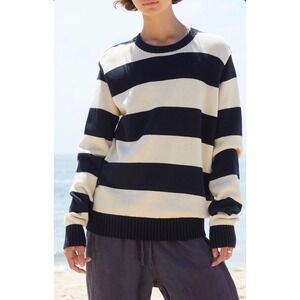 John Galt Navy & White Striped Thick Knit Sweater Women OS 100% Cotton Crewneck